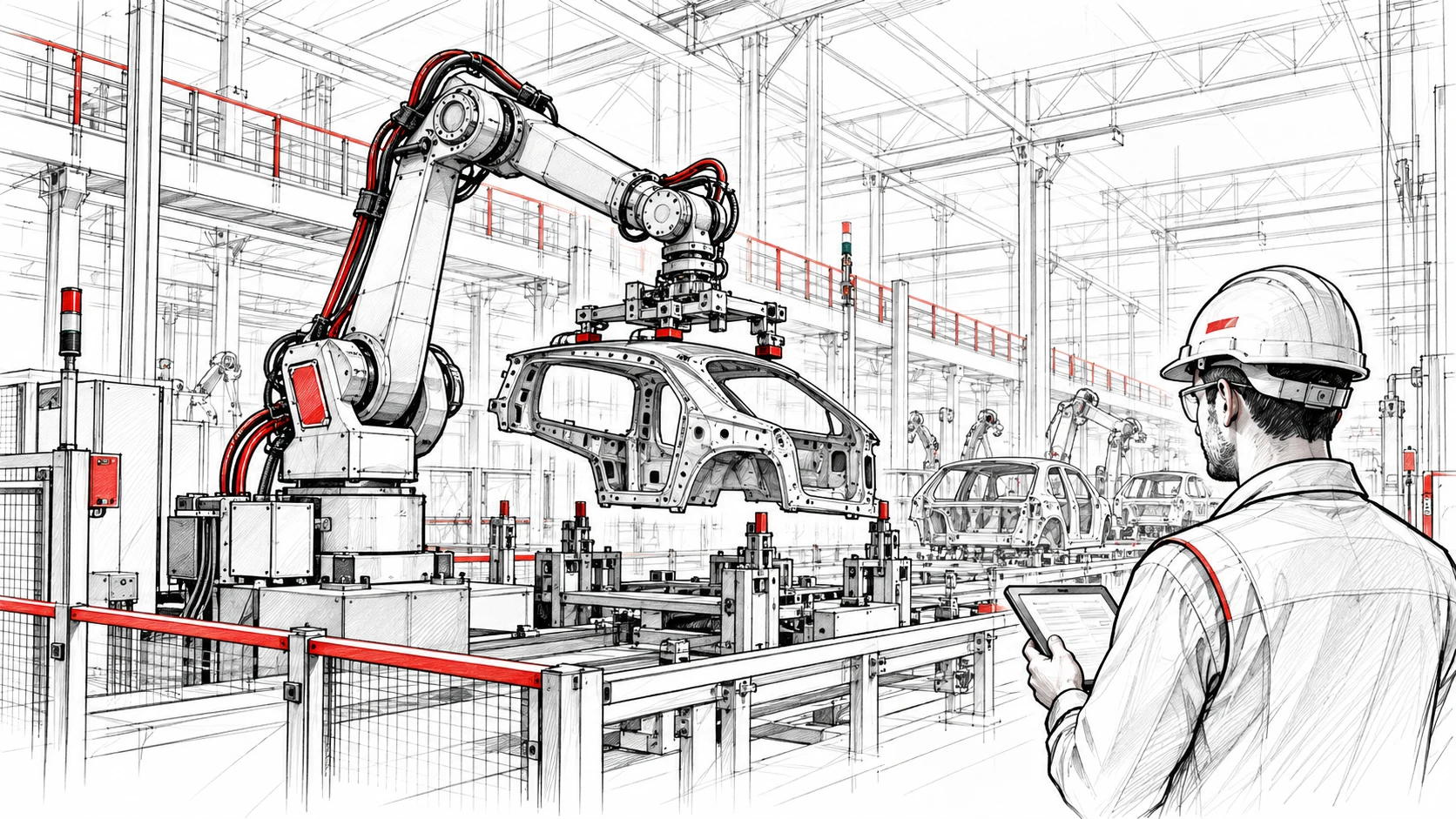 Boceto de una celda robotizada para una línea automotriz